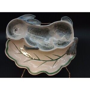 Vintage Bunny And Cabbage Leaf Divided Dish Relish Rabbit Hand Painted Italy